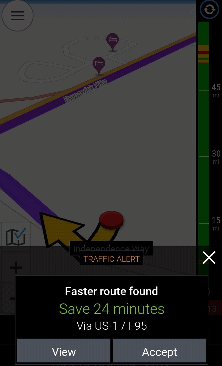 CoPilot screenshot showing traffic and an alternate route