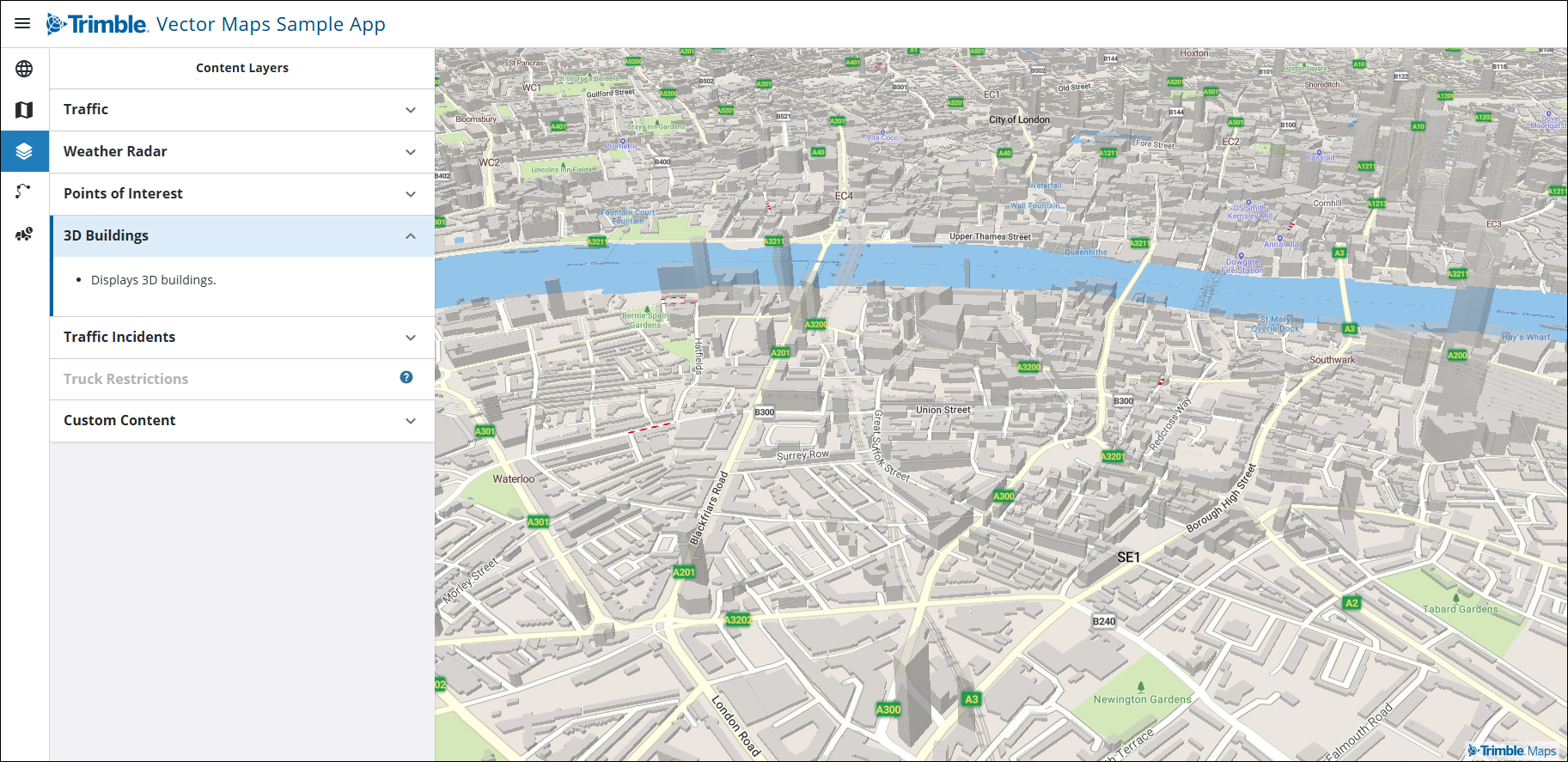 screenshot showing the Vector Maps Sample app in a web browser